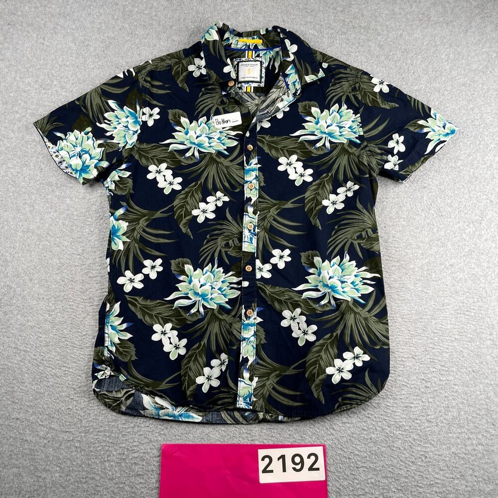 Denim & Flower Hawaiian Print Shirt Navy Button Up Short Sleeve Mens Medium